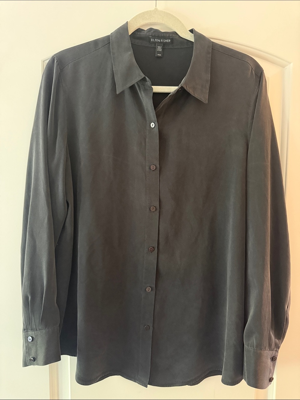 Eileen Fisher Charcoal Gray Silk Button-Front Shirt